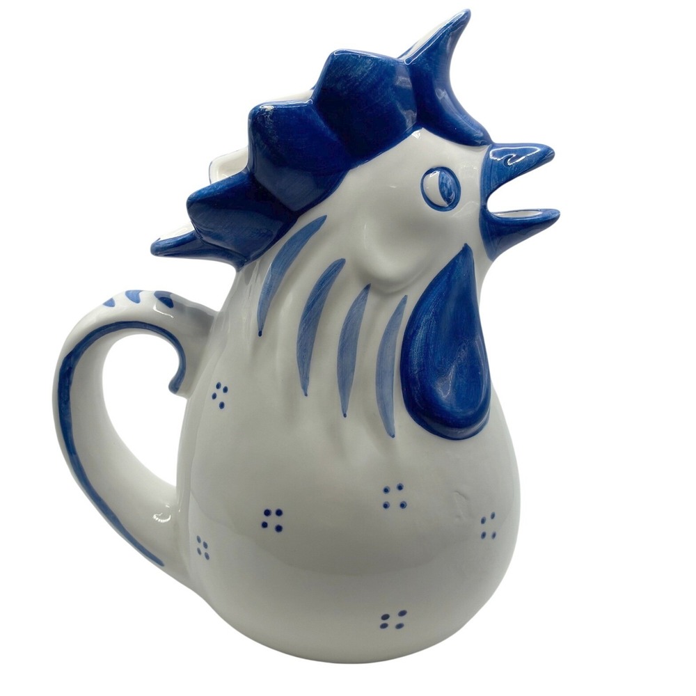 CBK Rooster Pitcher 8.5in Blue White Ceramic Vintage Farmhouse Bird Jug